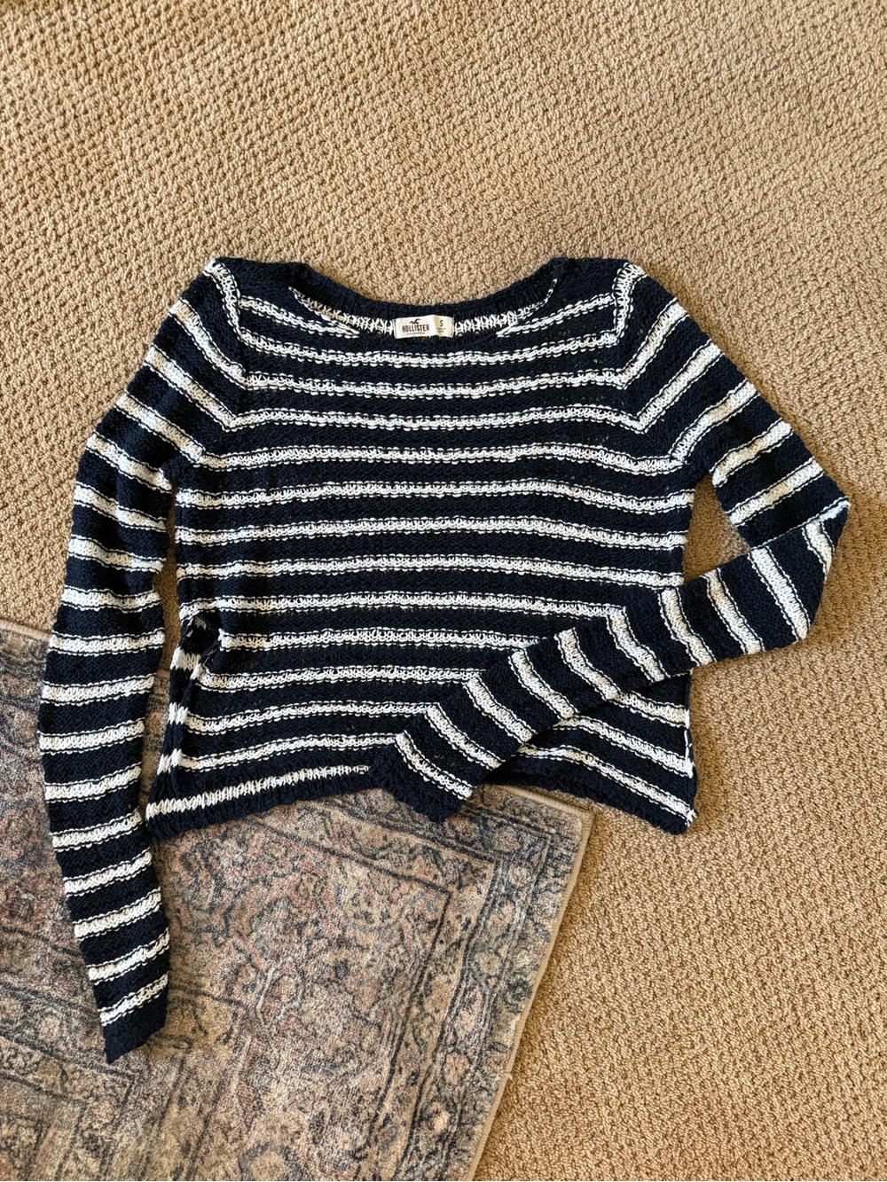 Hollister Navy and White Striped Scoop Crew Sweater